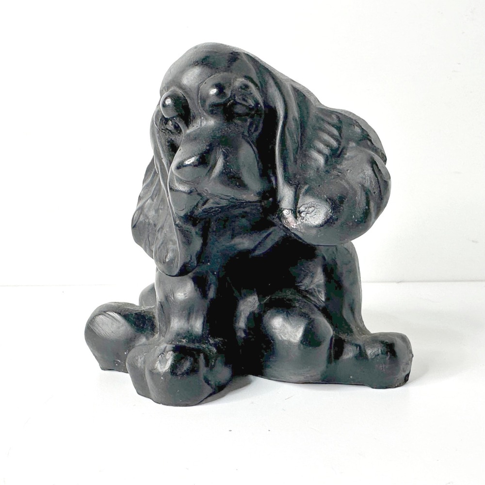 Vtg Black Cocker Spaniel Chalkware Dog Figurine 5" Sitting Statue Paperweight